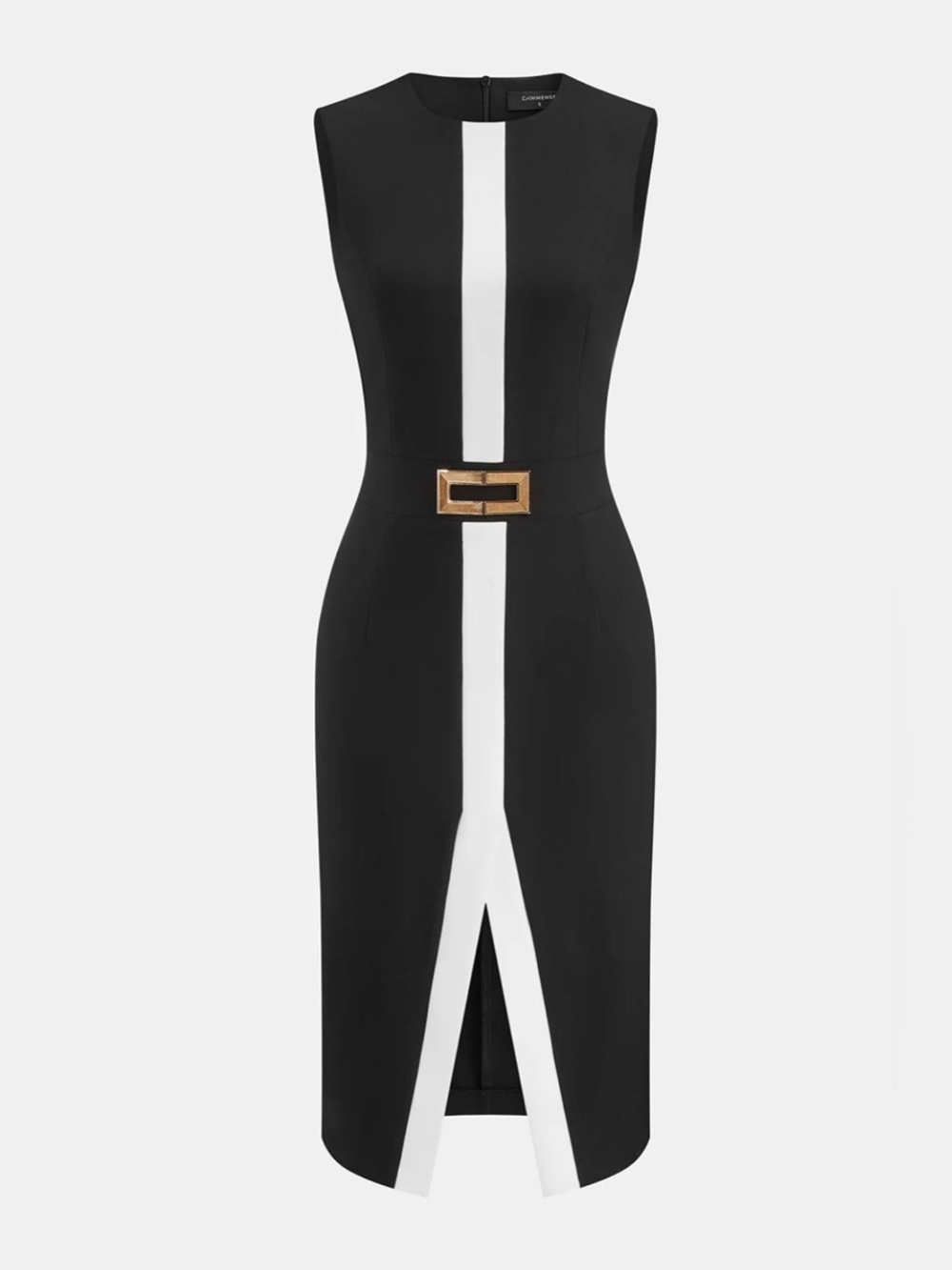 NWT Commense Black Midi Dress with White Center Stripe and Gold Buckle